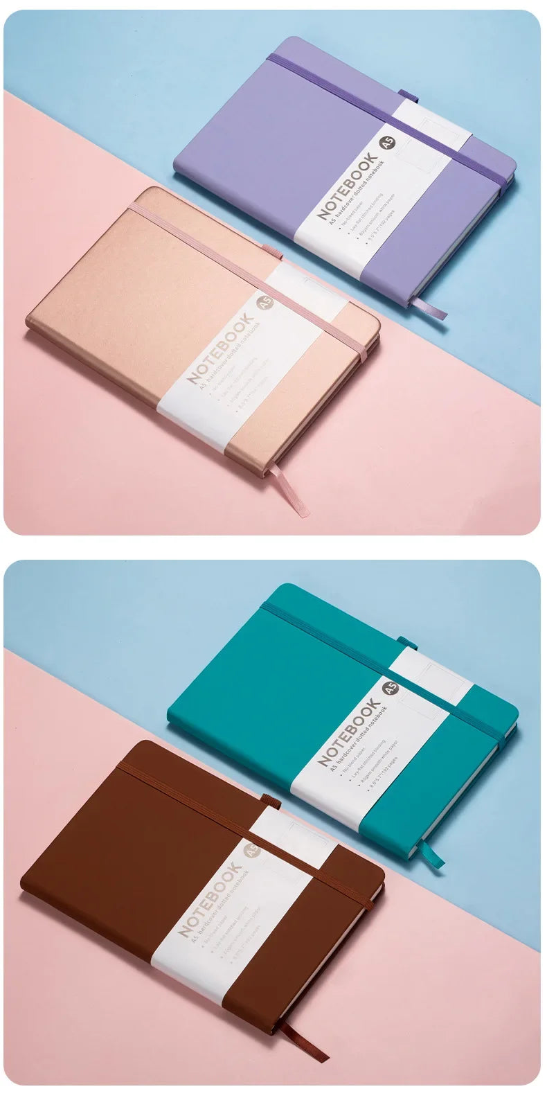 Two notebooks in purple and brown leather are displayed on a pink surface.
