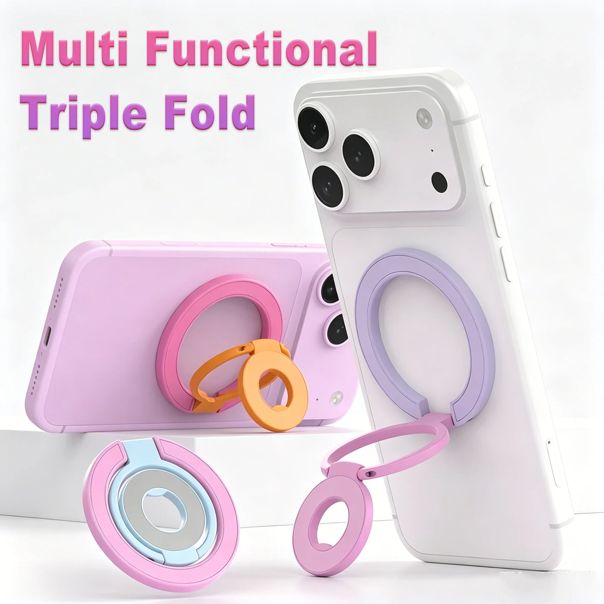 A white iPhone with a purple magnetic ring grip and an orange loop, alongside a pink foldable kickstand and a separate pink r