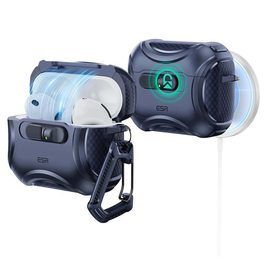 A dark blue Secure Magnetic Case for AirPods Pro with a transparent magnetic cover and a black carrying loop.