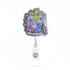 A silver acrylic nurse badge reel featuring a charm of three cats in a jar labeled My Happy Pills