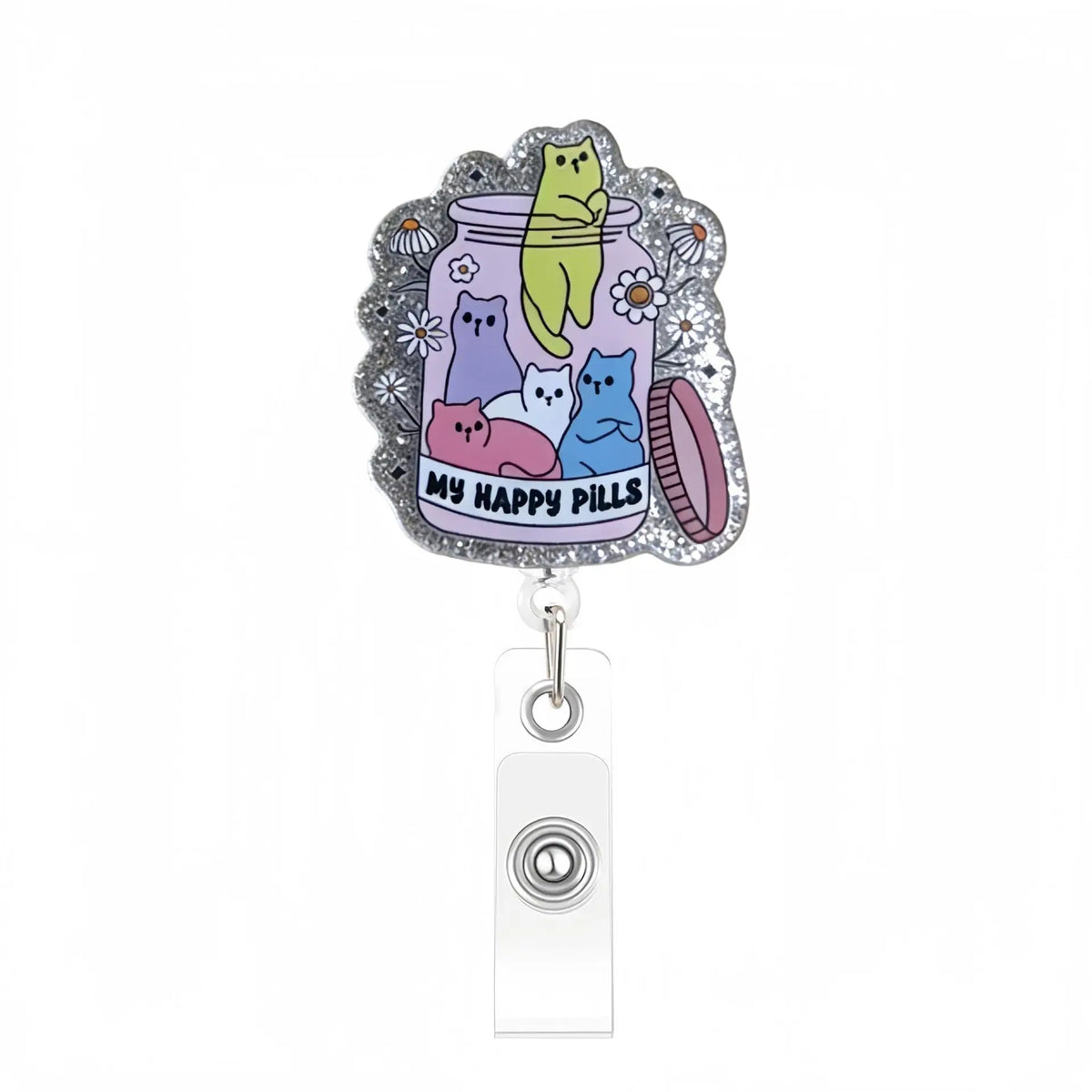 A silver acrylic nurse badge reel featuring a charm of three cats in a jar labeled My Happy Pills