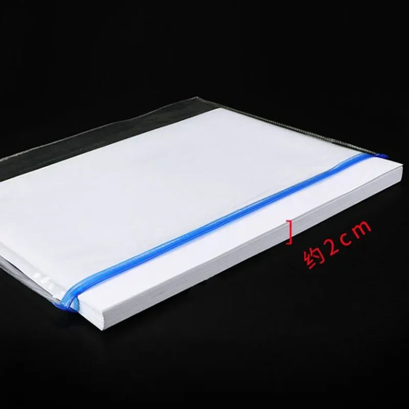 A transparent plastic document file organizer bag with a blue seal, shown flat on a dark surface.