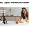 A magnetic selfie stick tripod is shown in vertical and horizontal placements for 360 degree arbitrary placement.