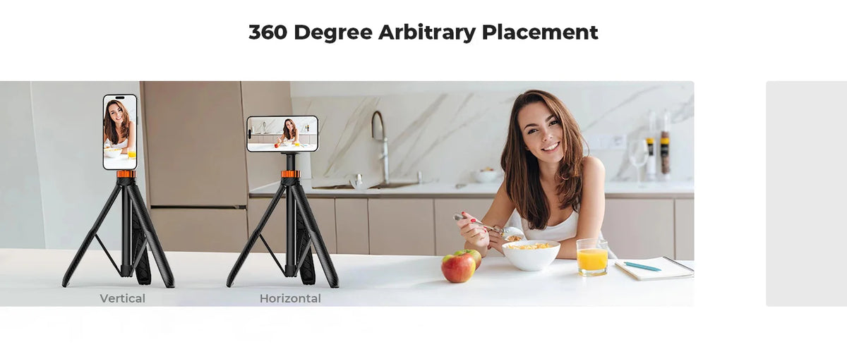 A magnetic selfie stick tripod is shown in vertical and horizontal placements for 360 degree arbitrary placement.