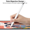 A hand holds a white precision magnetic stylus pen against an iPad screen displaying colorful artwork.