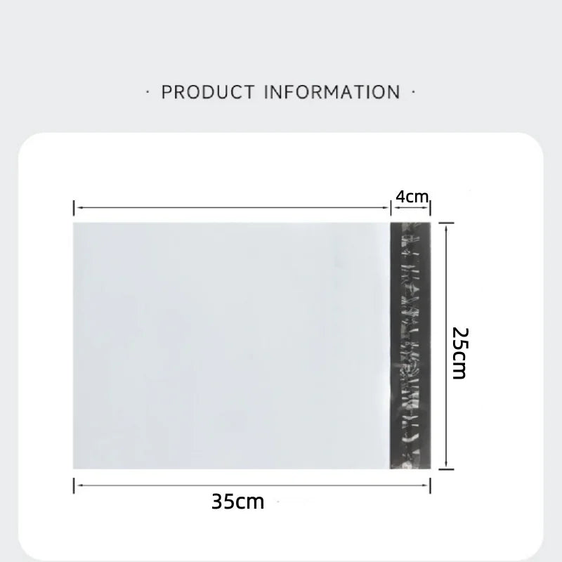 A rectangular white self-sealing waterproof shipping bag with black sealing strip, measuring 35cm by 25cm.