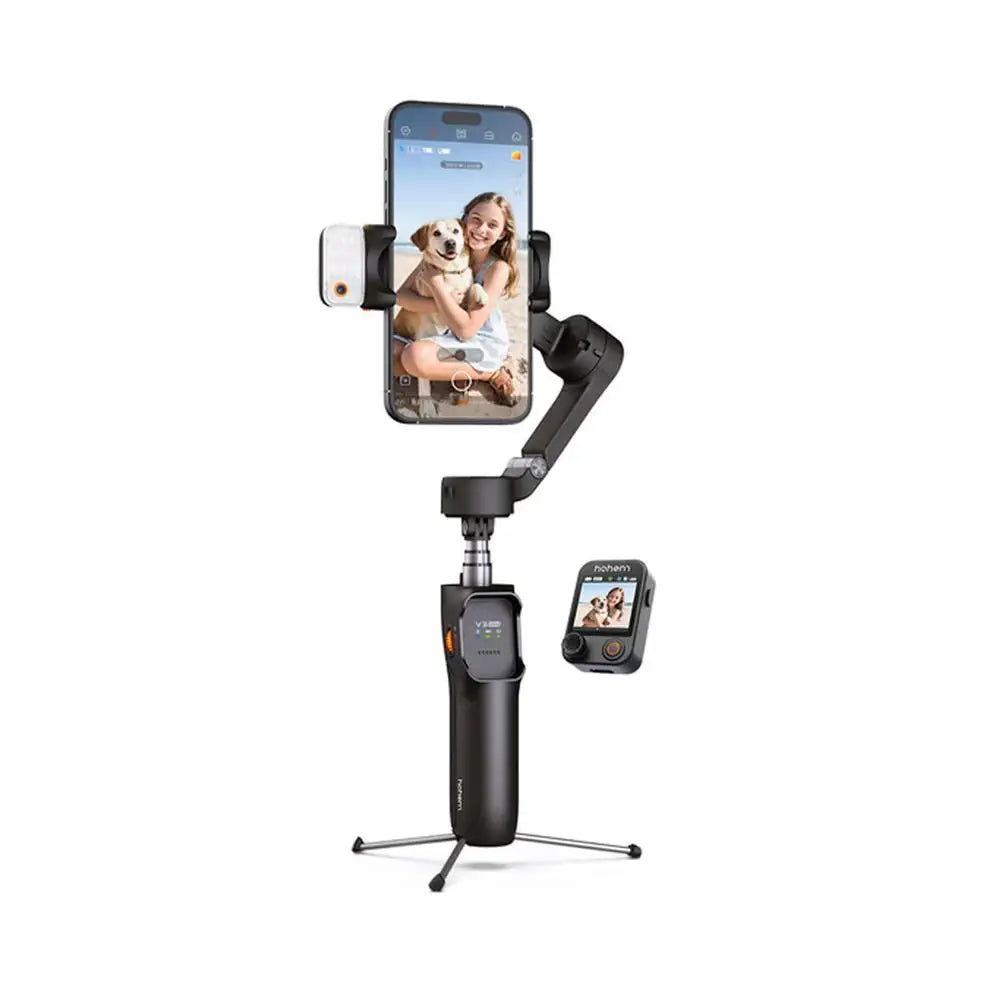 A black 3-axis smartphone gimbal stabilizer with a built-in selfie stick and a person being filmed.