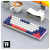 A compact 68-key wired mechanical gaming keyboard with anti-ghosting features is shown next to a cup of coffee and a leather 