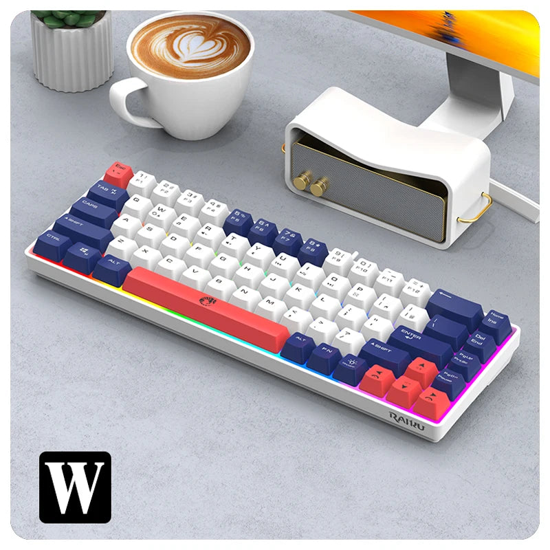 A compact 68-key wired mechanical gaming keyboard with anti-ghosting features is shown next to a cup of coffee and a leather 