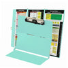 A teal foldable medical clipboard with multiple measurement sheets and a clip attached.
