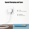 A white wall charger with a USB-C cable is shown next to an iPhone for speed charging and data transmission.