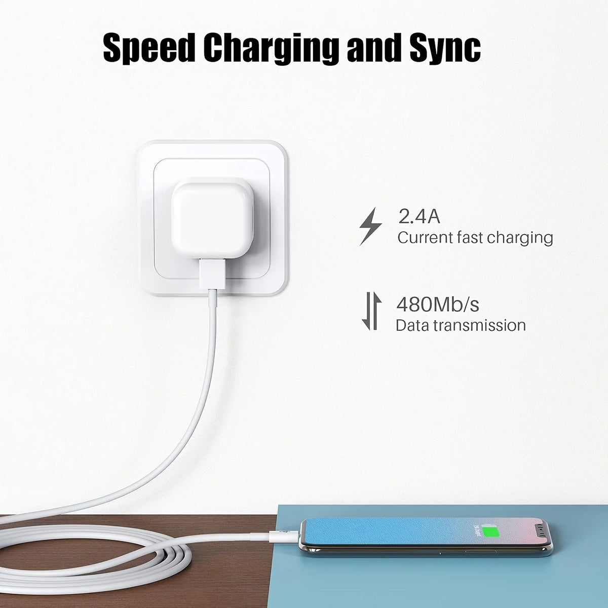 A white wall charger with a USB-C cable is shown next to an iPhone for speed charging and data transmission.
