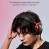 A close-up of a person wearing a black HyperX Cloud II wired gaming headset with red accents.