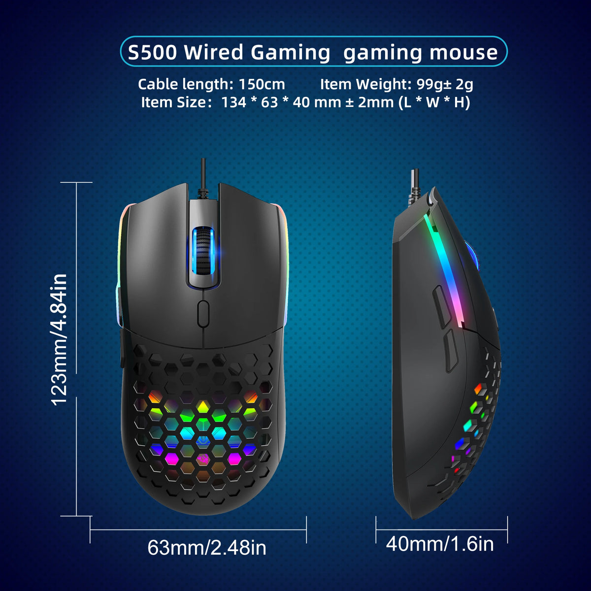 S500 wired gaming mouse shown from the top and side views with RGB lighting effects