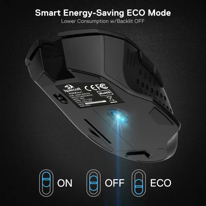 Black Redragon wireless gaming mouse showing ON, OFF, and ECO modes with a blue light.