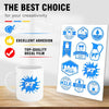A white mug and a sheet of blue decal film featuring various milk-themed labels and icons for creativity.