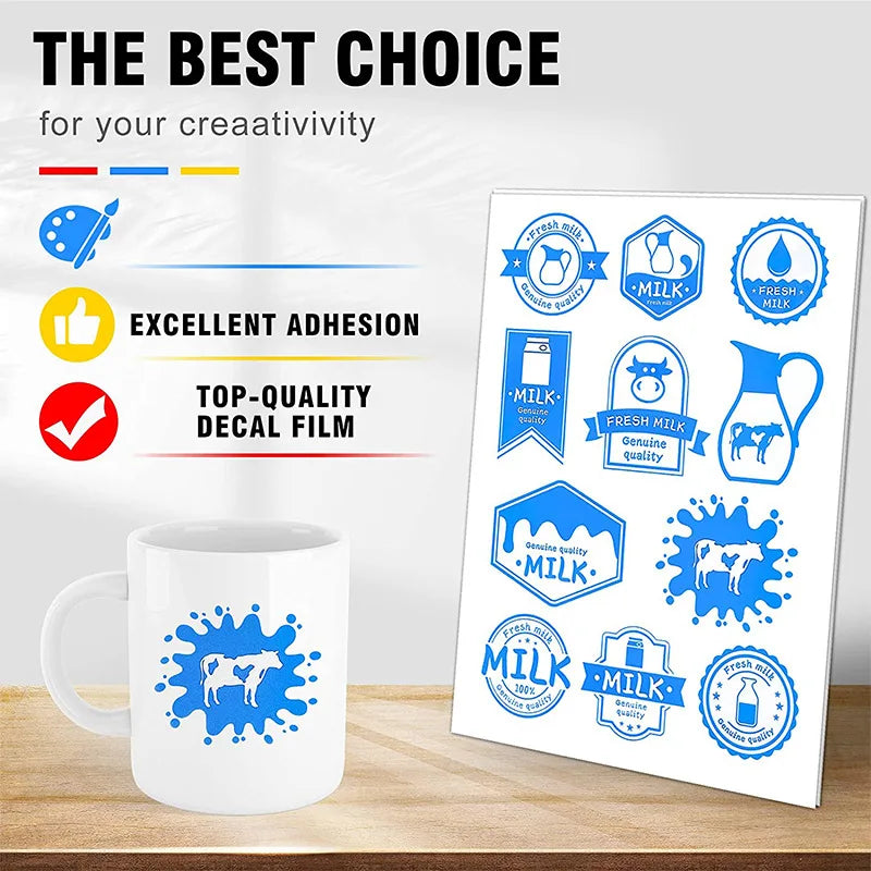 A white mug and a sheet of blue decal film featuring various milk-themed labels and icons for creativity.