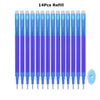 A set of 14 packs of refillable gel pens in various colors and blue packaging.