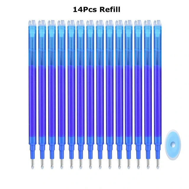 A set of 14 packs of refillable gel pens in various colors and blue packaging.