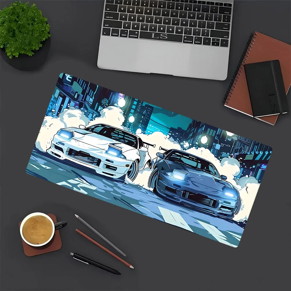 A large gaming mouse pad featuring a dynamic blue and white JDM car design with city lights.