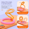 A yellow phone ring holder is shown adjusting an angle on a pink phone, demonstrating dual axis adjustment and 360 degree rot