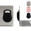 A black slim stick-on mouse holder is shown next to a silver laptop, with color swatches displayed.