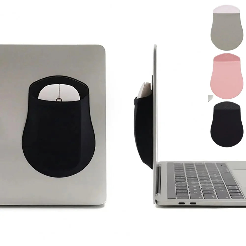A black slim stick-on mouse holder is shown next to a silver laptop, with color swatches displayed.