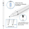 A white stylus pen with an extendable tip is shown alongside diagrams illustrating its features and connection method.