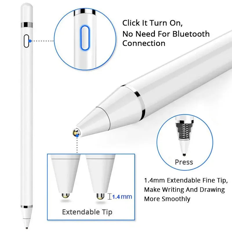 A white stylus pen with an extendable tip is shown alongside diagrams illustrating its features and connection method.