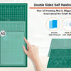 A green A3 cutting mat with an A4 template, showing double-sided printing and an angled guide.