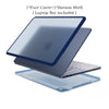A blue laptop shell and face cover are shown with a laptop, not included, resting on a transparent sheet.