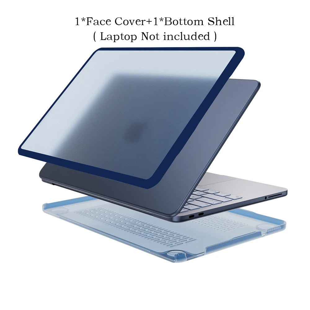 A blue laptop shell and face cover are shown with a laptop, not included, resting on a transparent sheet.