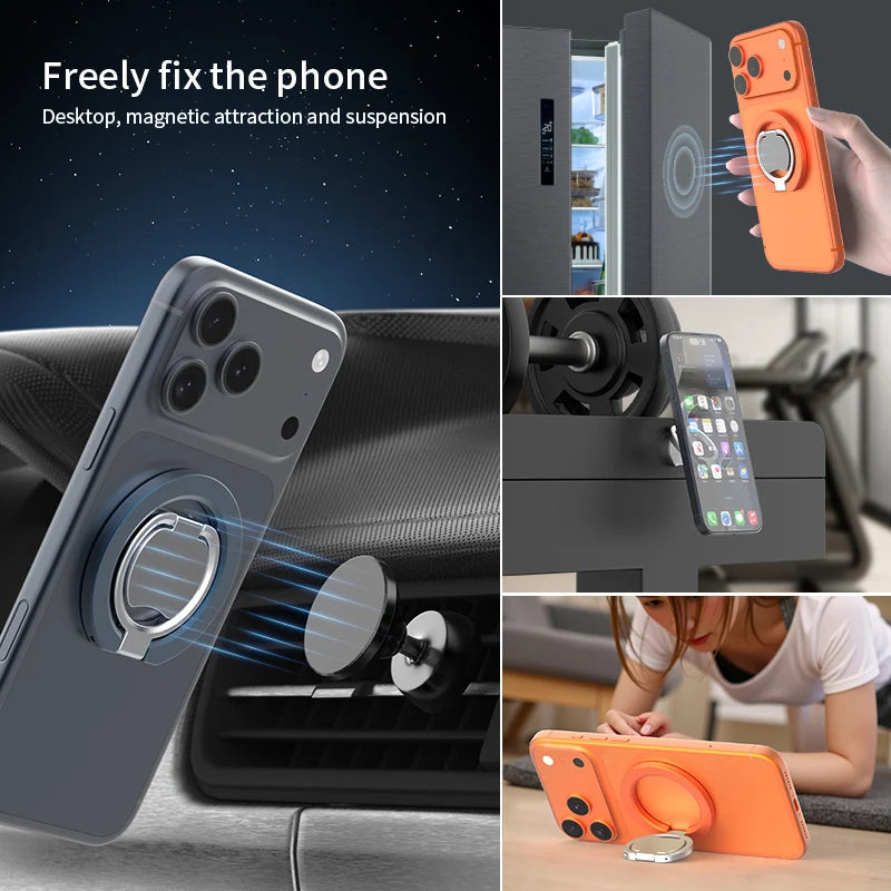 An orange phone is shown being held by a magnetic stand, demonstrating its ability to freely fix the phone on a surface.