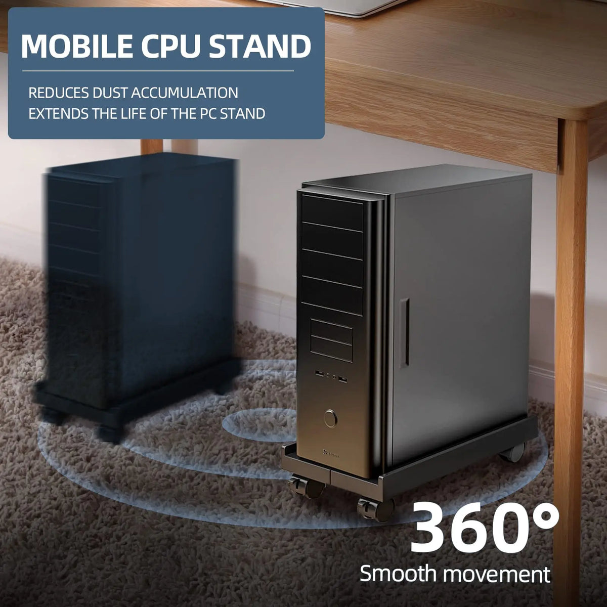 A dark gray mobile CPU stand with caster wheels shown on a wooden desk next to a carpet.