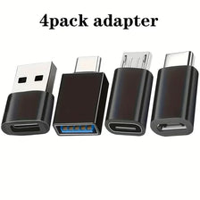 A set of four black and silver USB adapters, including USB-C to USB-A and Micro USB types.