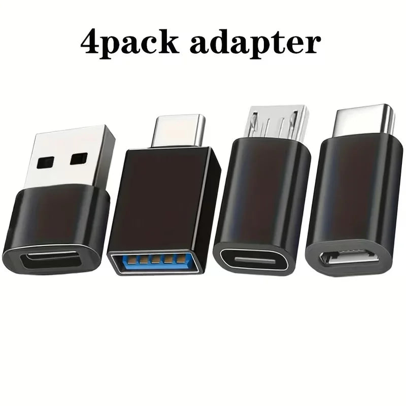 A set of four black and silver USB adapters, including USB-C to USB-A and Micro USB types.