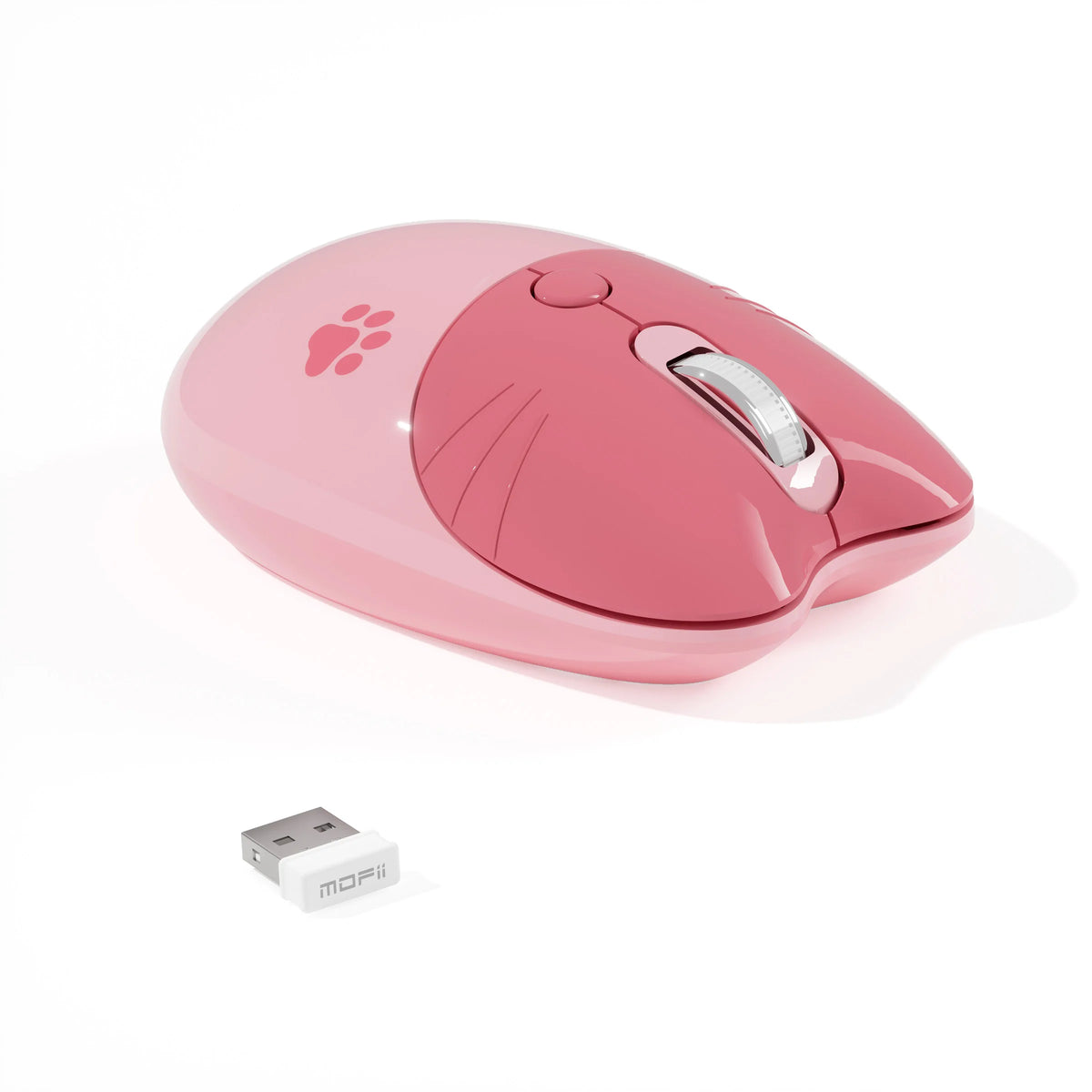 A pink cat-shaped wireless mouse with a scroll wheel and a logo is shown on a white background.