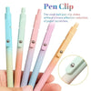 A hand holds a pack of five colorful pen clips demonstrating the smooth sliding mechanism.