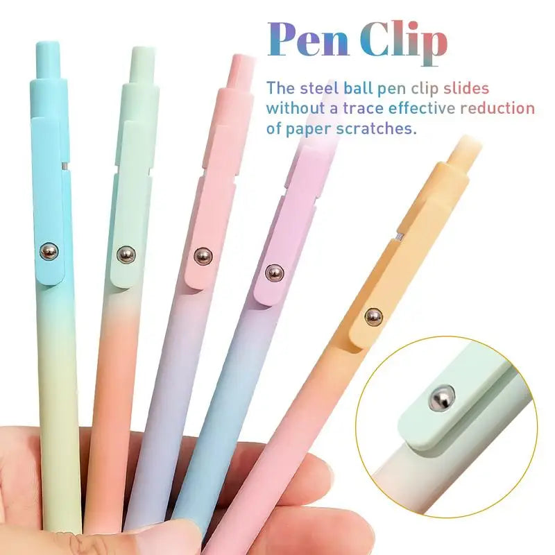 A hand holds a pack of five colorful pen clips demonstrating the smooth sliding mechanism.