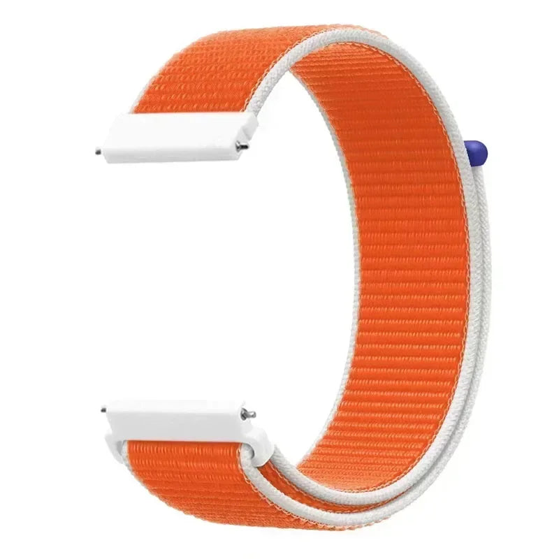 Orange and white nylon loop watch strap for a kids' watch.
