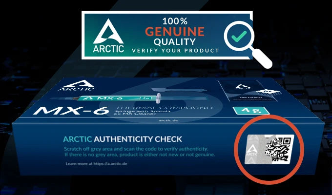 Box of Arctic MX-6 thermal compound with a verification label and a QR code for authenticity check