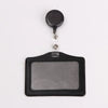 Black PU leather retractable ID card holder with a clear plastic badge case and metal reel.