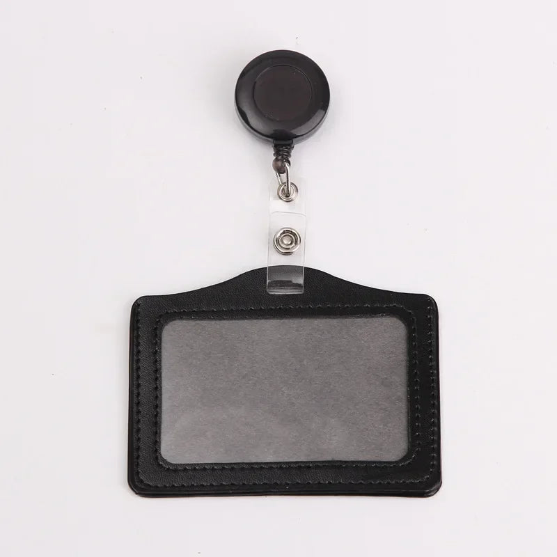 Black PU leather retractable ID card holder with a clear plastic badge case and metal reel.