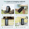 Four types of charging methods shown for a power bank including solar, hand, USB-C, and USB-A charging.