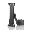 A black adjustable tablet and phone stand mount with a clamp mechanism.