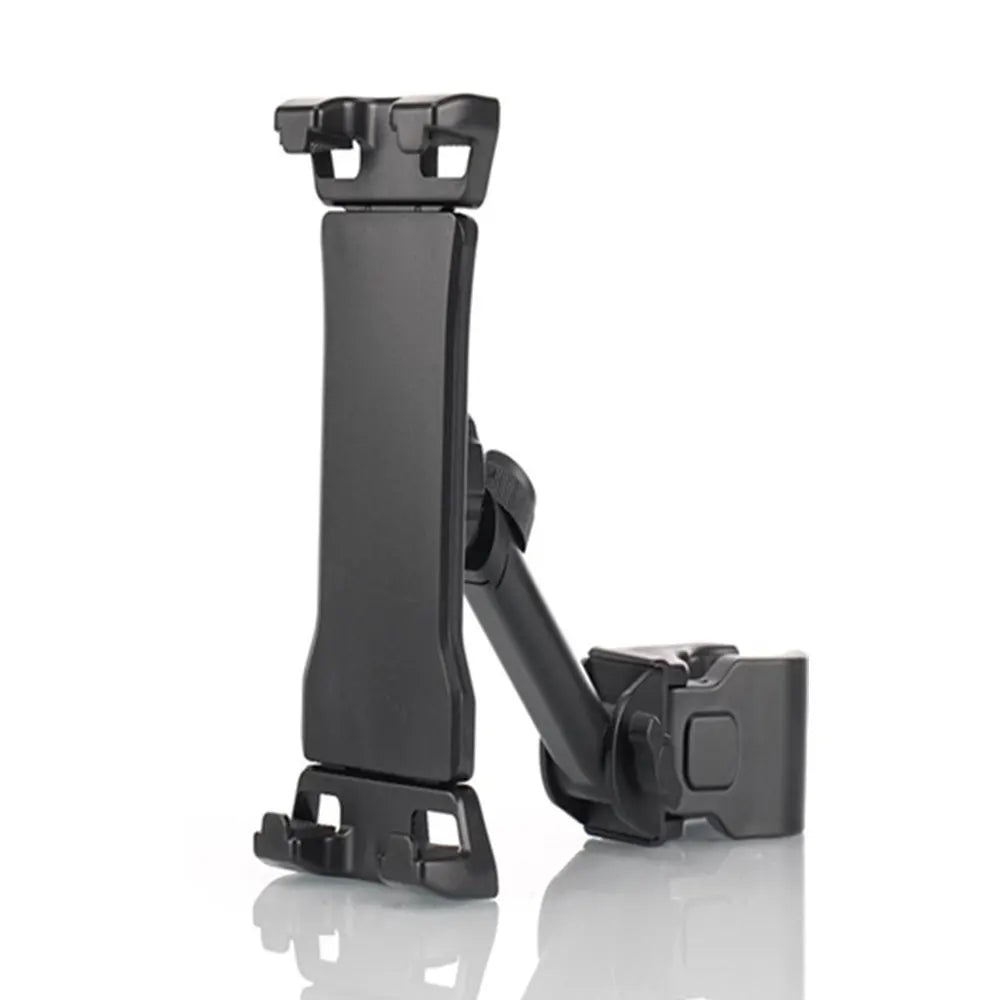 A black adjustable tablet and phone stand mount with a clamp mechanism.