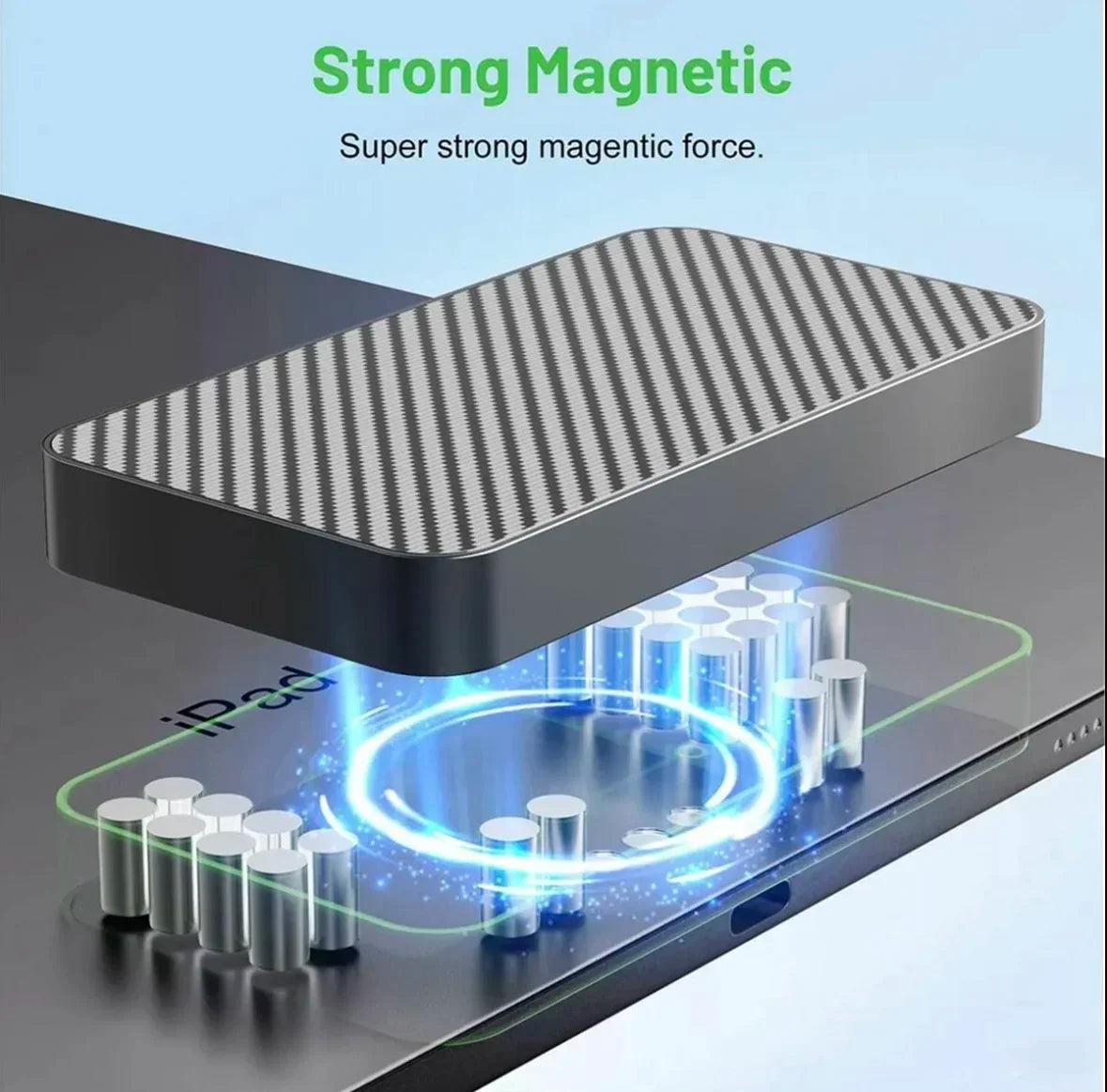 A close-up view of a strong magnetic charging module placed on an iPad, demonstrating wireless power transfer.