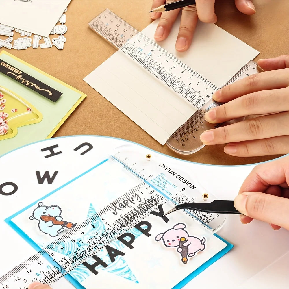 Hands measure and craft with an acrylic T-square ruler set for measuring and design.