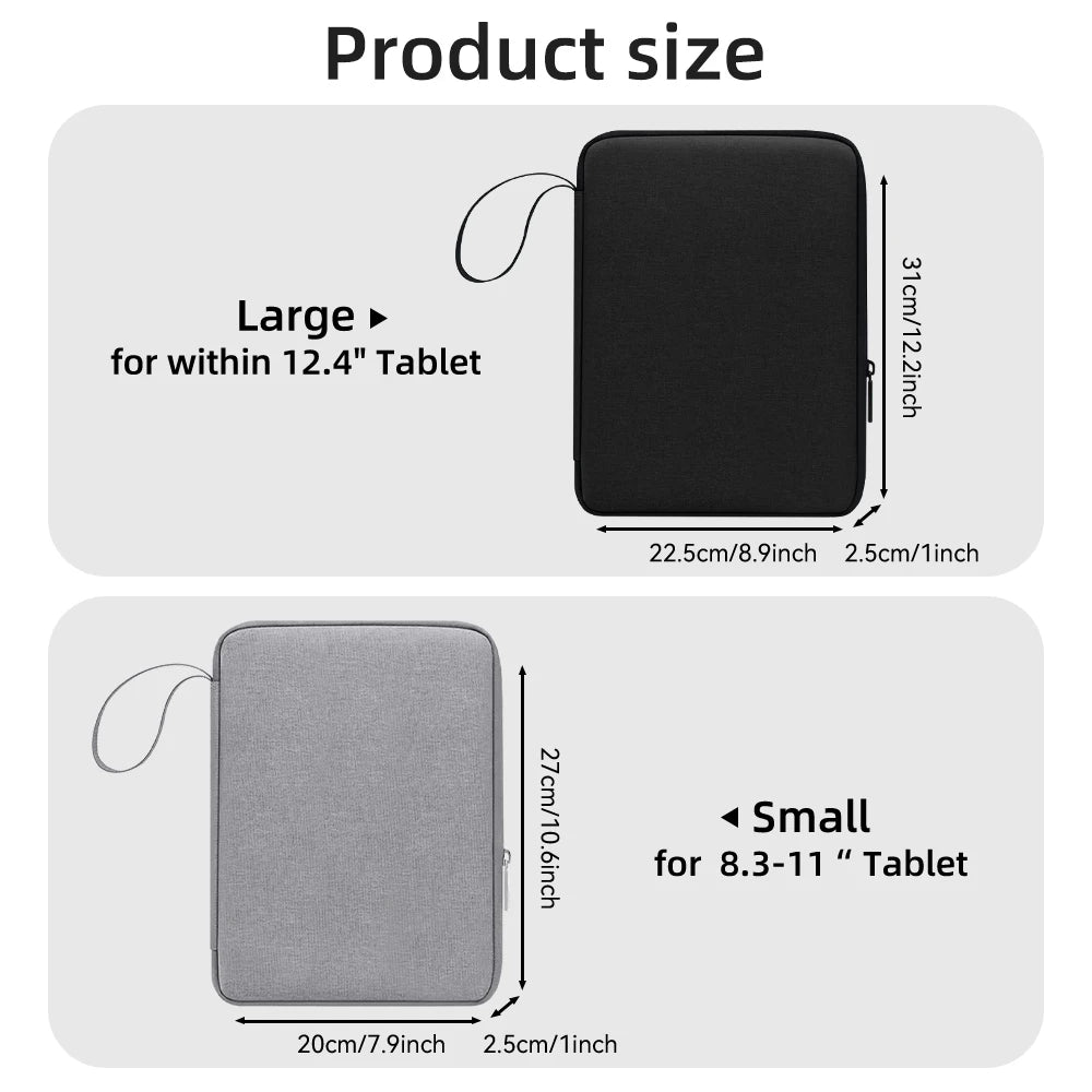 Diagramm, das den Größenvergleich einer großen Tasche für ein 12,4-Zoll-Tablet und einer kleinen Tasche für ein 8,3-11i zeigt