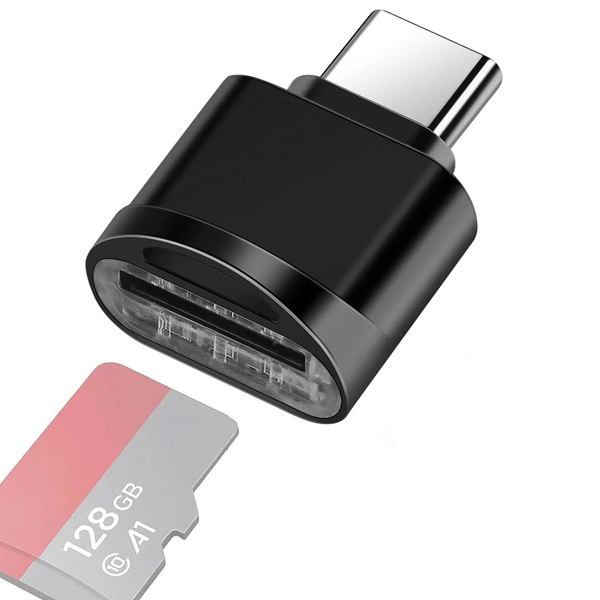 A black USB-C to SD/TF card reader with a metal keychain attachment and an SD card visible.